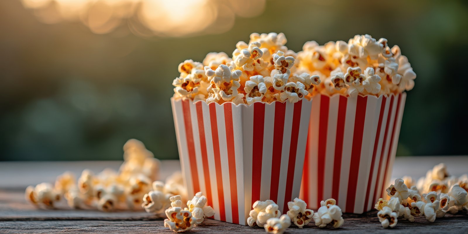 Freshly popped popcorn in striped containers placed outdoors during sunset